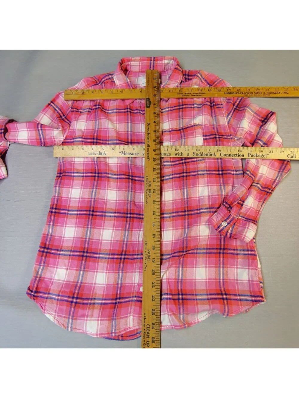 Old Navy Boyfriend Plaid Flannel Shirt Pink White Long Sleeve Girls Size XL (14)